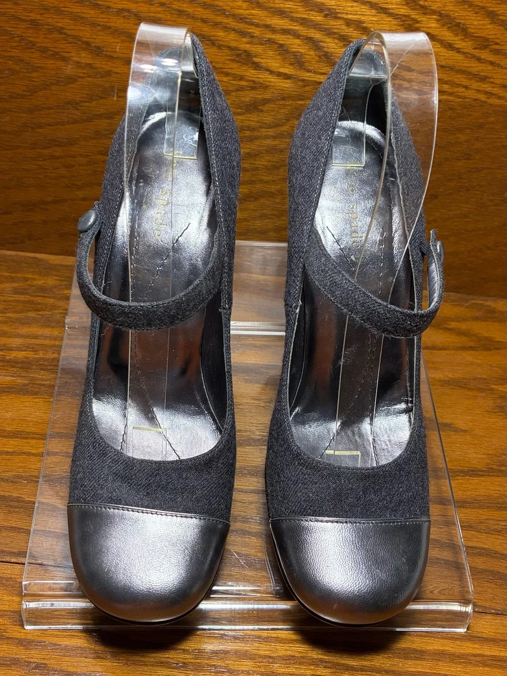 Kate Spade ITALY MADE Gray Wool Pewter Leather Mary Jane Cap Toe Heels Size 8
